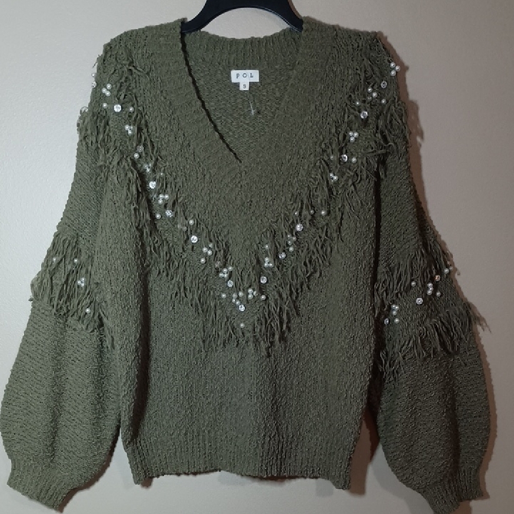 POL Rhinestone and Pearl Embellished Fringe Balloon Sleeve Sweater